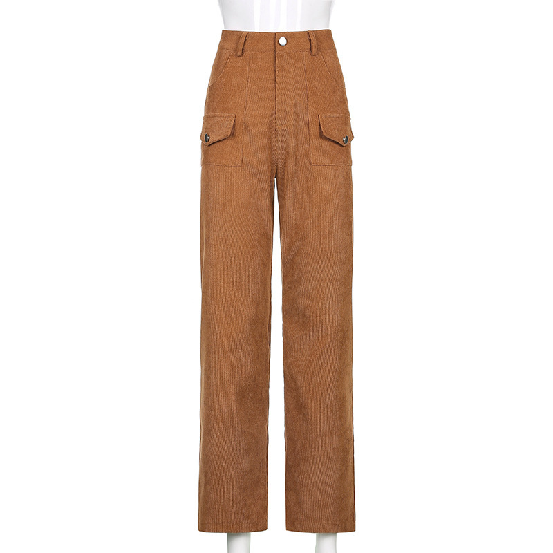 women Long Corduroy Pants middle waist straight long trousers pockets styled Casual female pants 210524