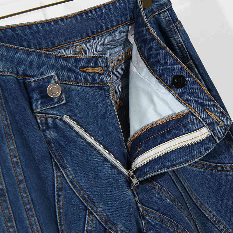 VGH Striped Streetwear Falre Pants Denim Trousers Irregular High Waist Office Ladies Style Jeans Female Spring Fashoin New 210421