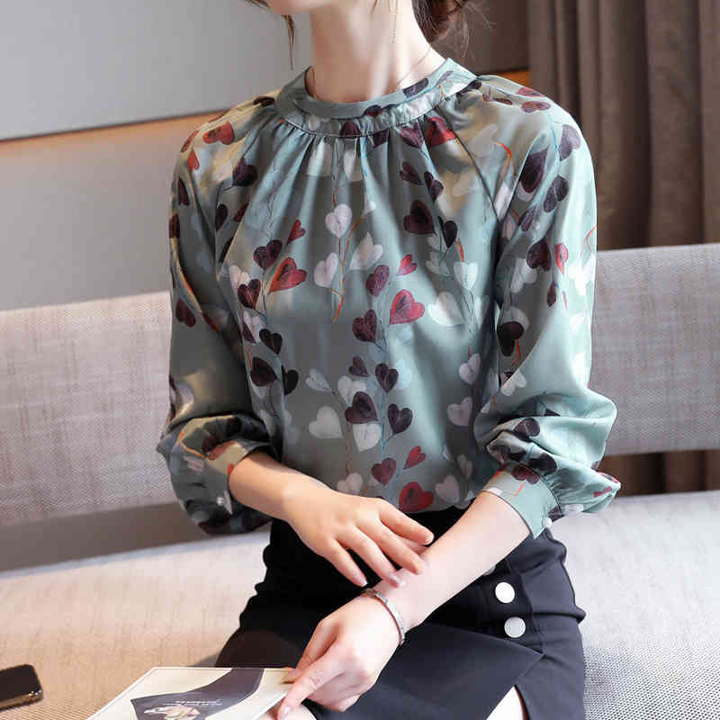 Green Silk Chiffon Blouses Women Print Shirts Casual Sweet Autumn Womens Tops and Long Sleeve Shirt Blusas 10741 210506