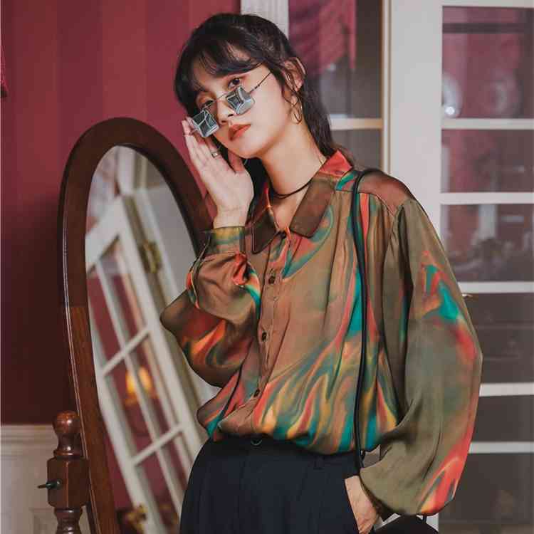 Iridescent Oversized Blouse Women Long Sleeve Button Up Collar Shirt Loose Top Streetwear Fall Fashion Clothing 210427