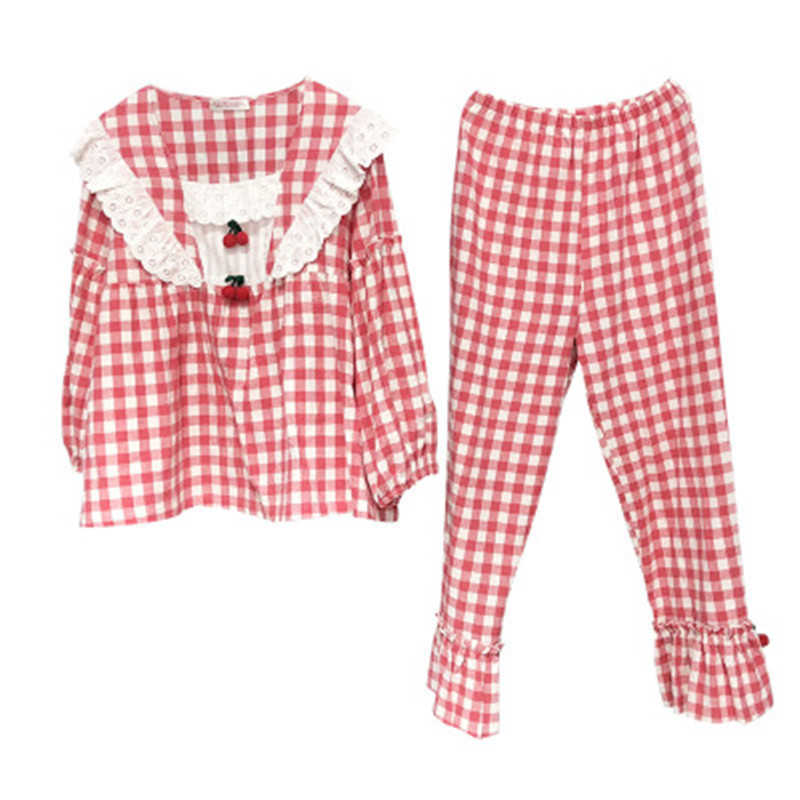 Plaid Pajamas Set Women Sweet Princess Cute Cotton Pyjamas Sexy Lace Full Sleeve Autumn 2Piece/Set Home Mom Sleepwear 210924