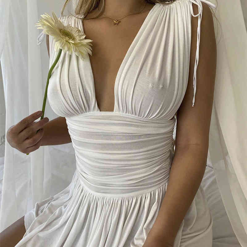 Paris Girl White Elegant Pleated Plunge Deep V-Neck Sleeveless Dresses Evening Club Party Christmas Women Mini Dress Clothes 210524