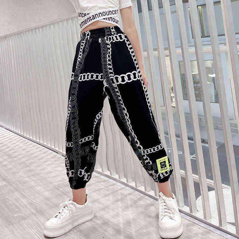 Pants For Girls Casual Style Girl Chain Print Kids Fashion Summer Ankle Trousers 4 5 7 8 9 10 11 13 Years Teenage Clothes 211103