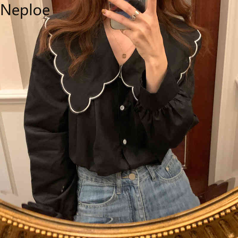 Neploe Women Shirt Peter Pan Collar Long-sleeve Blouse Spring Korean Blusas Loose Elegant Single Breasted White Basic Tops 210422