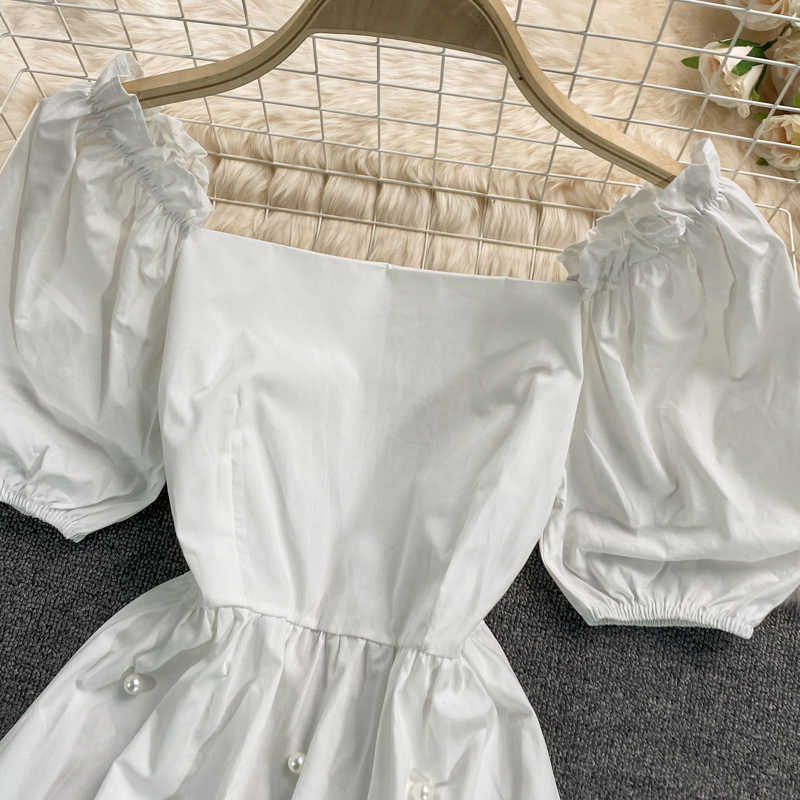 Woman Dress Korean Beads Slim High Waist A-line Dresses Sweet Puff Sleeve Square Collar Vestidos Feminimos 6H301 210603