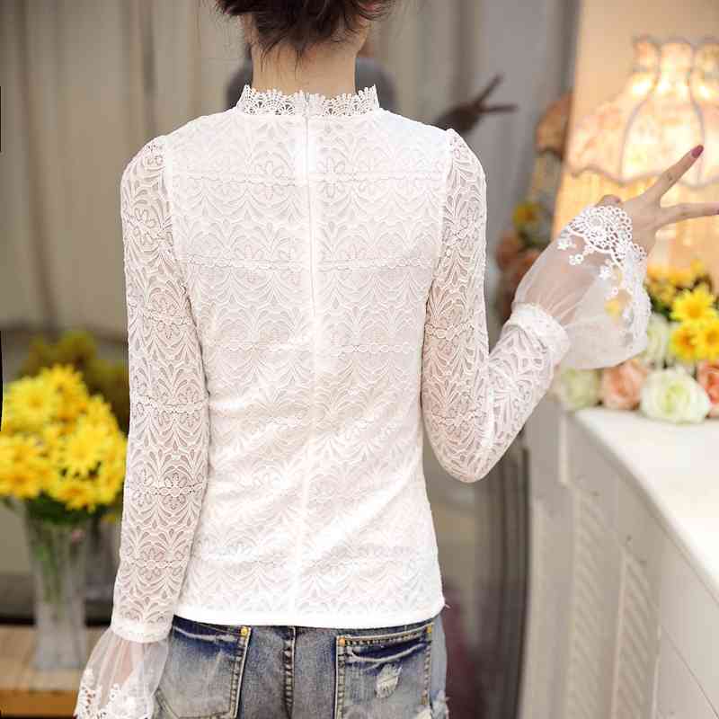 Women clothing Autumn Spring Fashion Women's Blouse Shirts Long Sleeve White Lace Shirt Hollow out blusas Tops 804H 210420