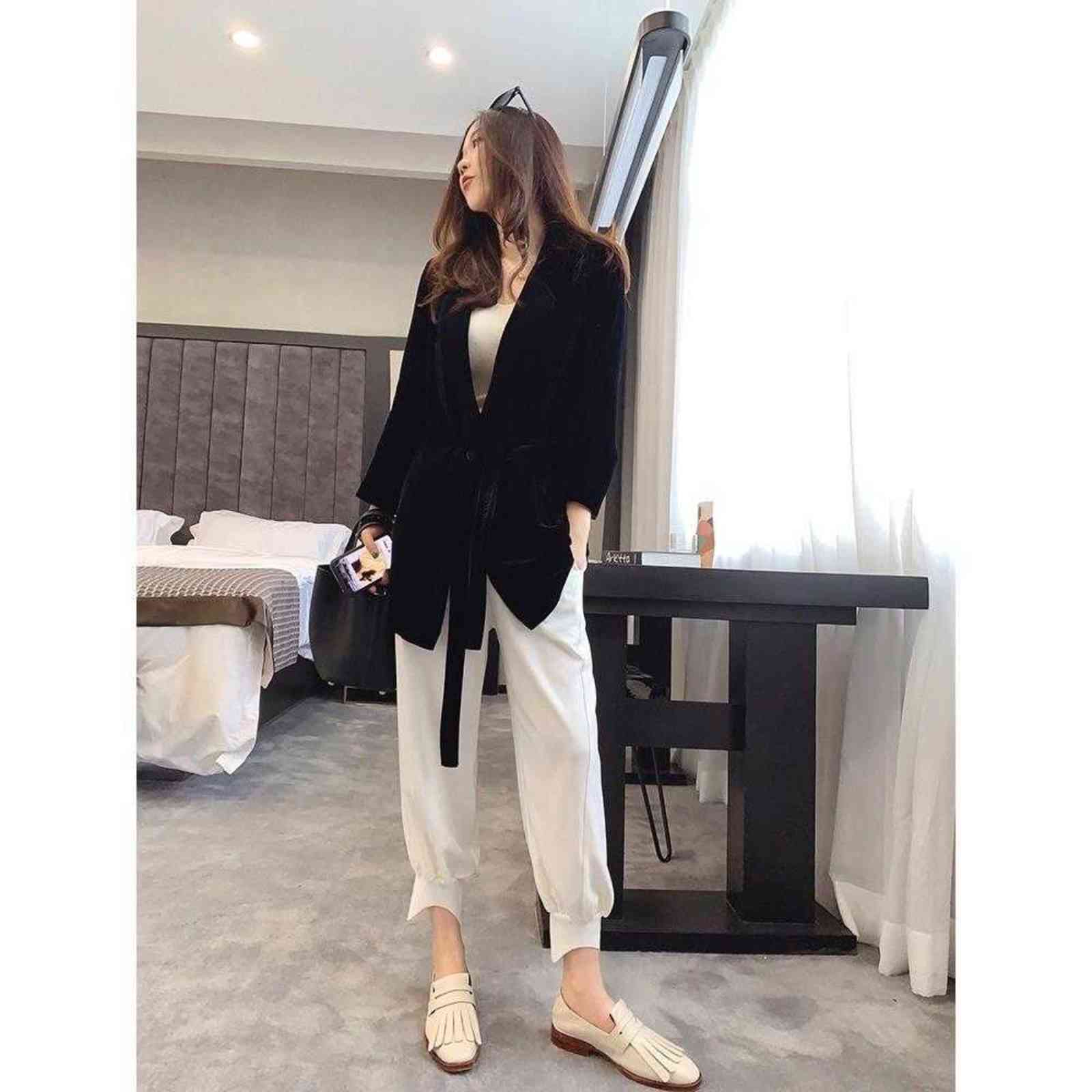 Peonfly Autumn Women's Velvet Blazers Jacket with Sashes Female Notched Outerwear Office Ladies Coat Loose Black Blazer 211122
