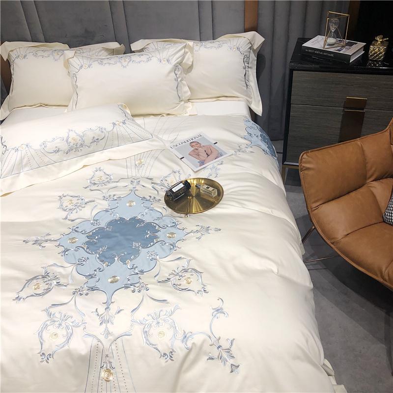 Duvet Cover Set Long Staple Cotton Embroidery Luxury Bedding King Queen Size 4pcs Comforter Bed Sheet 2Pillow Shams Sets