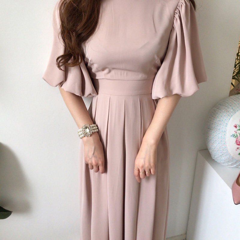 Women Elegant pleated Dress Fashion High Waist Slim Ladies lantern sleeves Chic party Dresses Vestido 210518