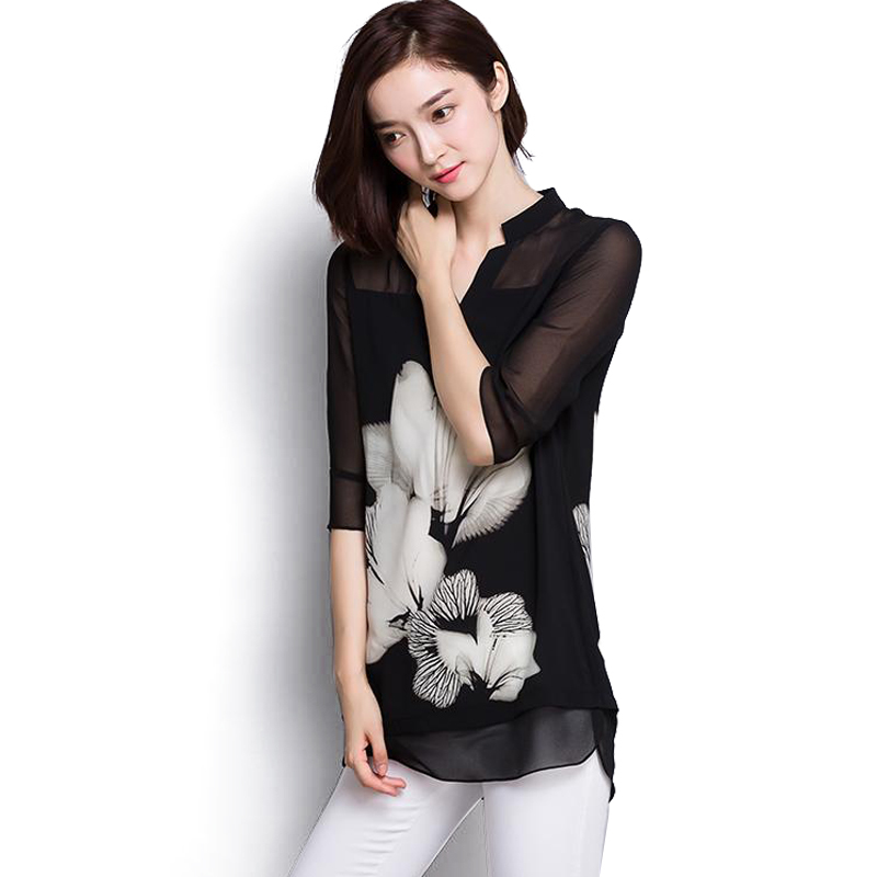 Women Chiffon Blouse Summer Tops Fashion Plus Size Black Shirt Long Sleeve 's Clothing Blusas 60C 25 210508
