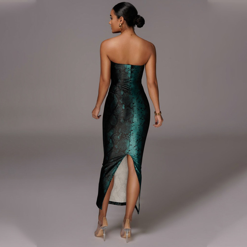 Sexy Strapless Snake Printed Maxi Dress Women Sleeveless Wrap Hip Slit Bodycon Summer Backless Club Party es 210522