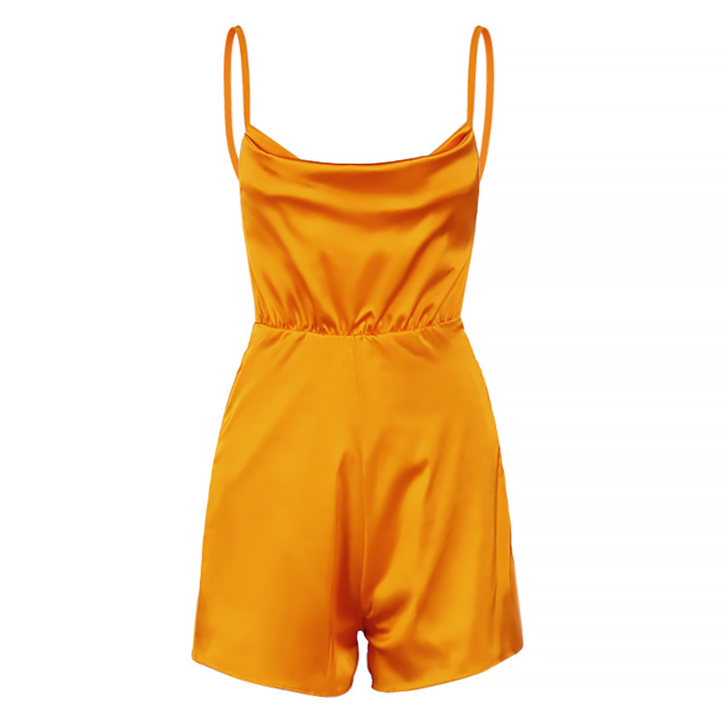 Sexy Backless Satin Orange Romper Overalls for Women Drapped V Neck Silk Beach Wide Leg Loose Playsuits Strap 210427