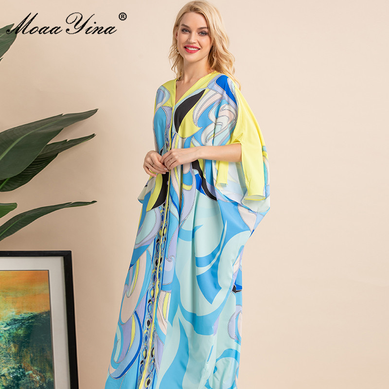 Women's Summer Long Dress Bohemian Style Multicolor V-Neck Batwing Sleeve Print Loose Maxi-Lenght Party 210524