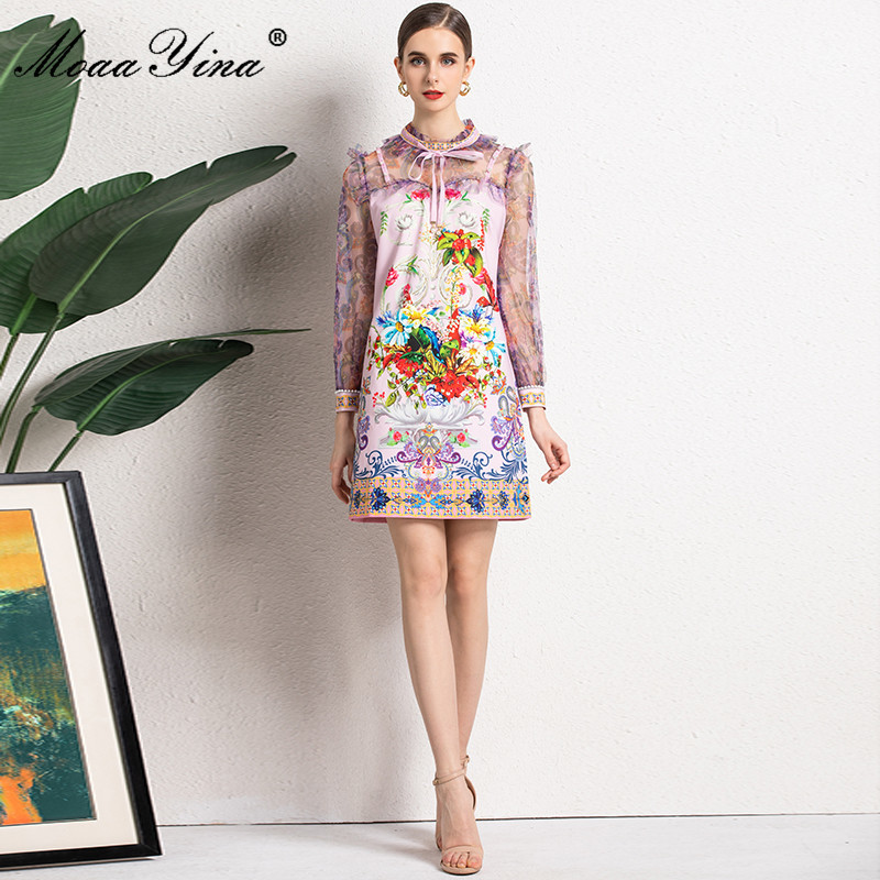 Moaa Yina Summer Fashion Runway Short Dress Women Mesh Patchwork Long sleeve Floral print Vintage Party Mini 210524