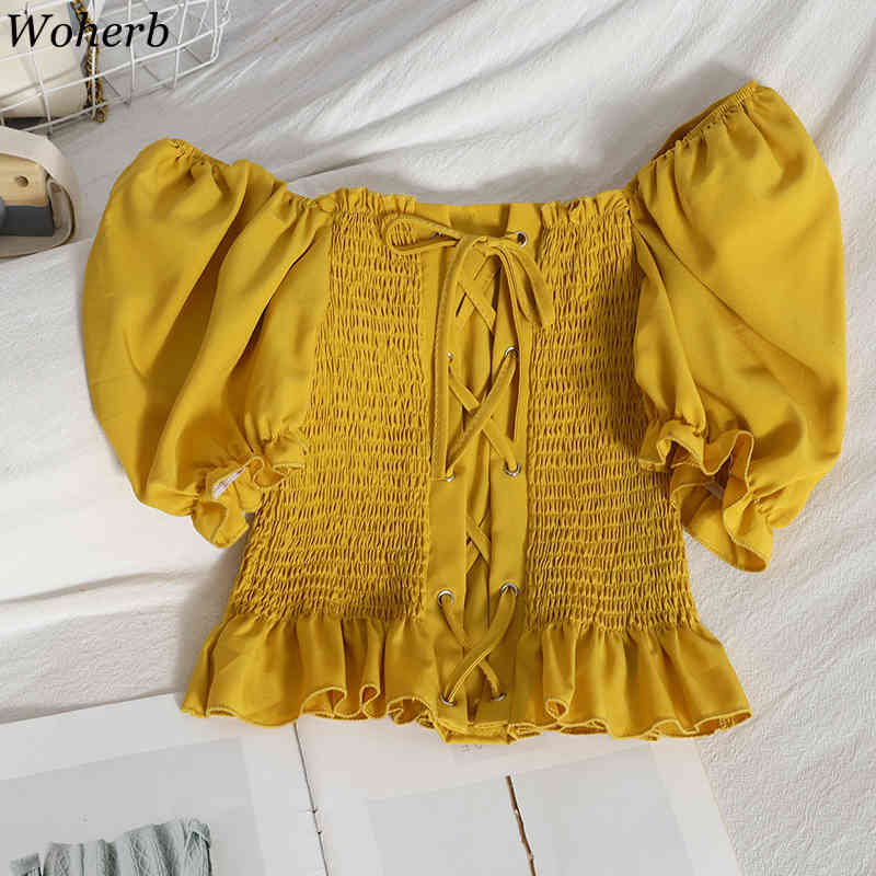 Crop Tops Mujer Ruffles Slash Neck Sexy Blouses Women Cross Lace Up Pleated Shirt Summer Korean Sweet Blusas Female 95439 210519