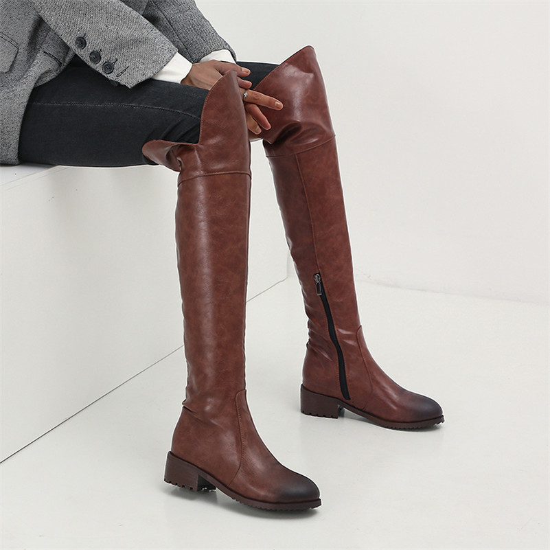 Women Riding Boots Shoes Zip Mid Heel Over The Knee Round Toe Thick Heels Ladies Long Winter Black Brown 210517