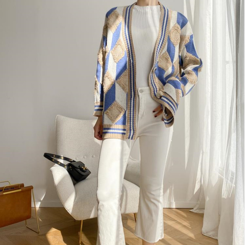 Autumn Winter V-neck Single-breasted Knitted Sweater Coat Vintage OL Oversized Thick Knit Cardigan Tops Sweaters 210421