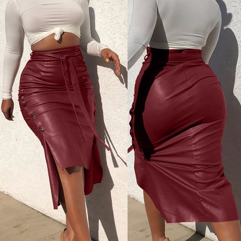 Women Buttoned Design Skirts PU Solid Sheath Fit Chic Midi Skirt Casual Slit Leather