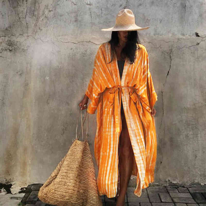 Sexy Bikini Cover-ups Boho Printed Fringed Long Kimono Carfigan Tunic Women Plus Size Beach Wear Swim Suit Cover Up A751 210420