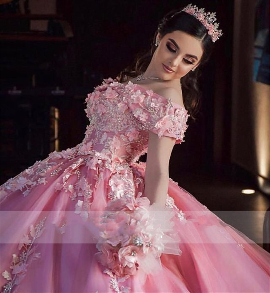 Princess Pink Quinceanera Dresses Off Shoulder 3D floral lace-up corset top 15 Party Sparkly Birthday Gowns Sweet 16 Debutante