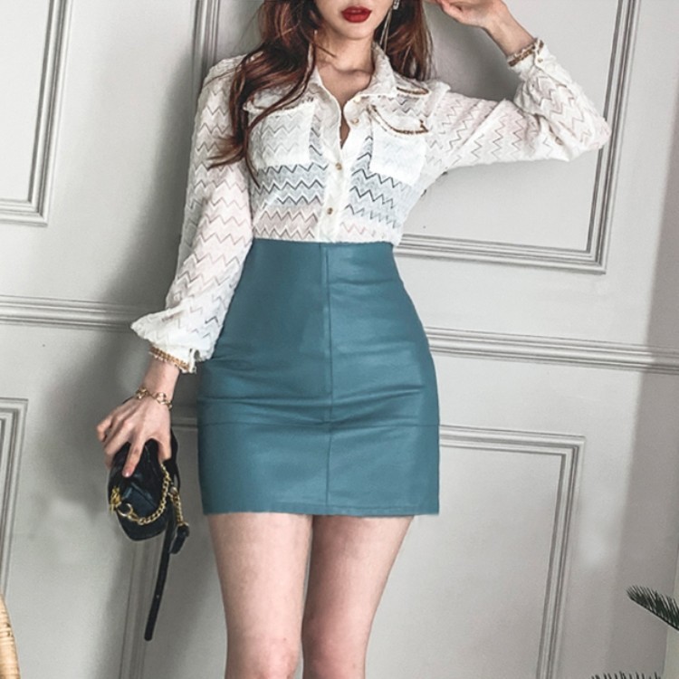 Fashion Vintage Elegant women Lace Perspective Turn-Down Shirt Tops and PU leather pencil skirt office simple Two piece Set 210519