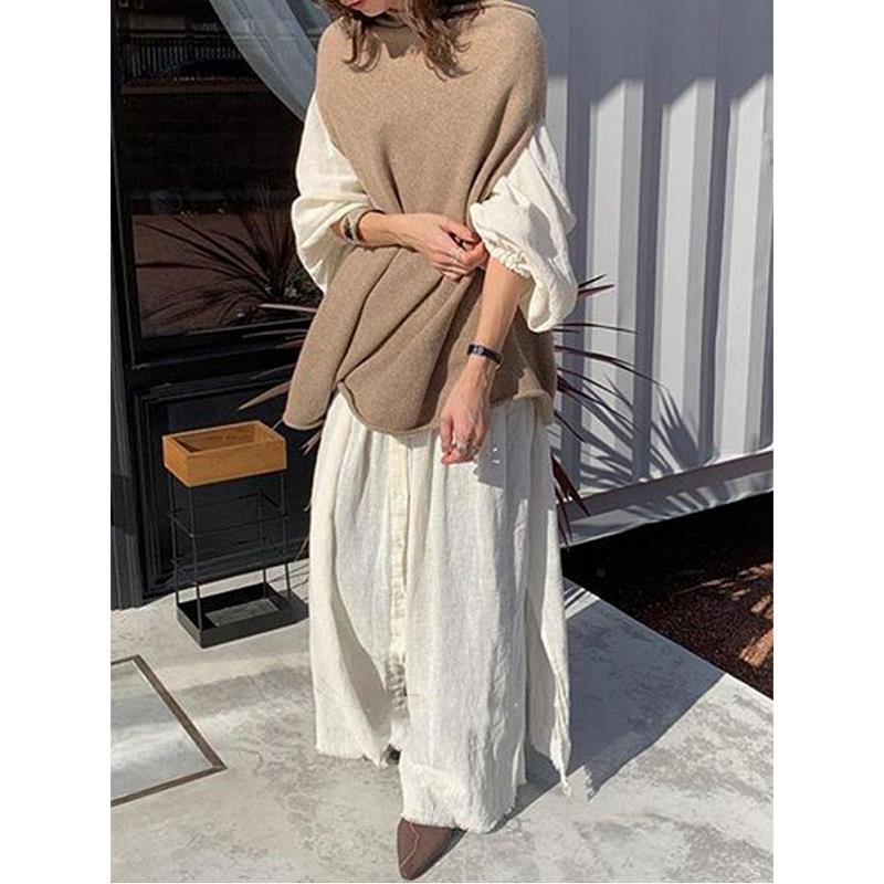Nomikuma Fashion Causal Women Two Pieces Suits Long Sleeve Loose Blouse Dress + Knitted Korean Sweater Vest Sets 6D779 210427