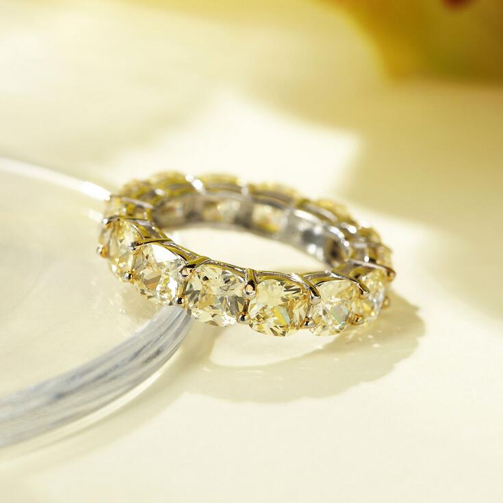 Cocktail Sparkling Simple Fashion Jewelry 925 Sterling Silver Cushion Shape Yellow Topaz CZ Diamond Statement Eternity Diamonique Women Wedding Band R