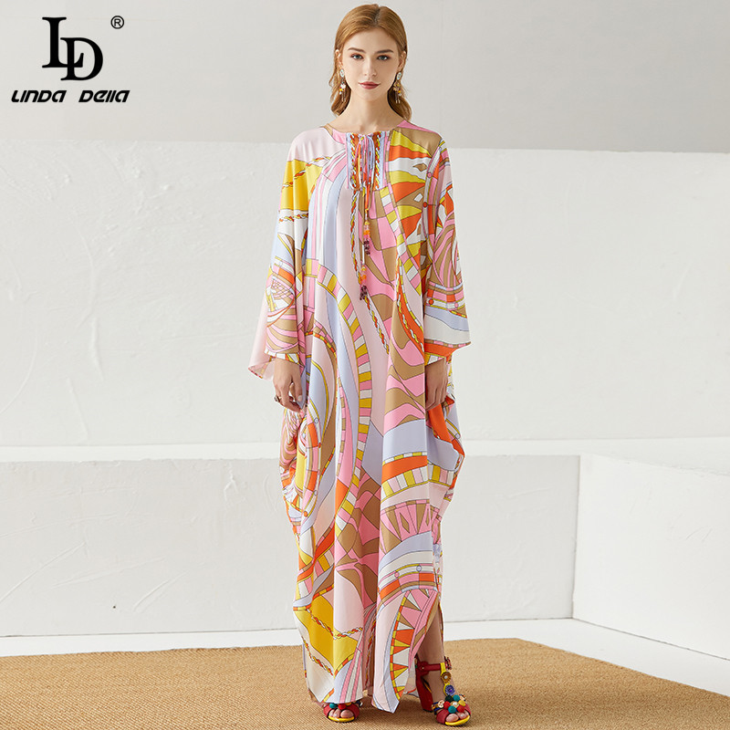 Summer Bohemian Floor Length Loose Dress Women Knitting Silk Print Elegant Maxi Long Robe Gown 210522