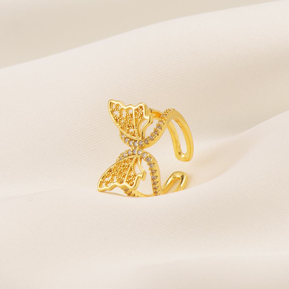 Luxury Ladies 24K Fine Solid Ring Gold Finish Pretty Butterfly Cut CZ Diamond Band Bridal Daith Helix Hoop Adjustable