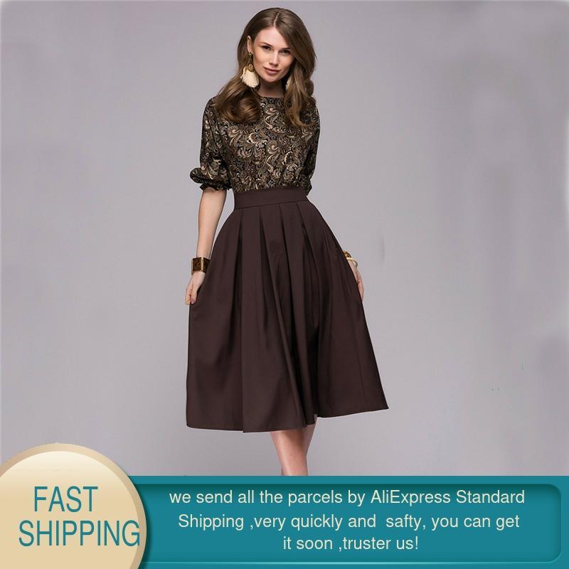 Women's Vintage Lantern Sleeve Printed Dress Women Elegant Half A-Line Ladies Office es Female Patchwork 210428