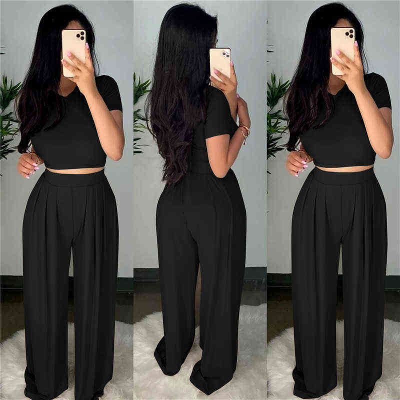 Wholesale Dropshpping High Quality Women Two-piece Sets Solid Color Tight Casual Top + Wide Leg Pants Elasticity 211105