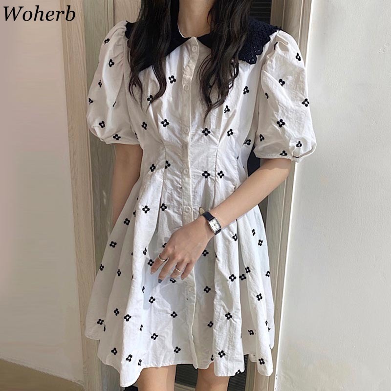 Women Vintage Dress Korean Chic Puff Sleeve Floral Embroidery Cute Dresses Ladies Elegant Party Robe Vestidos Mujer 210519