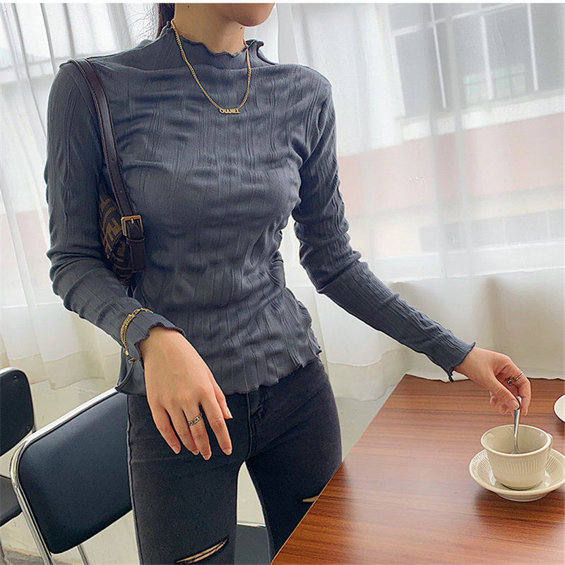 Casual Basic Korea Pleated High Quality Brief Minimalist Tops Solid Fashion Women Large Full Sleeves T-shirt 210421