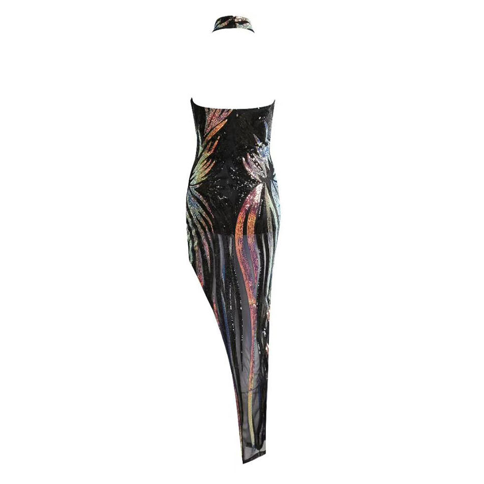 Free Shiny Sequin Dress Women Sexy O-Neck Sleeveless Bodycon Halter Club Midi Split Party Vestidos 210524