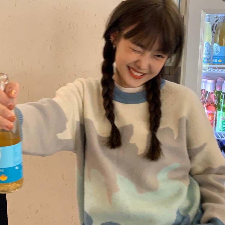 2 colors Korean style loose Knitted warm Sweaters Women patchwork Rabbit fur soft women sweaters and pullovers (F1468 210423