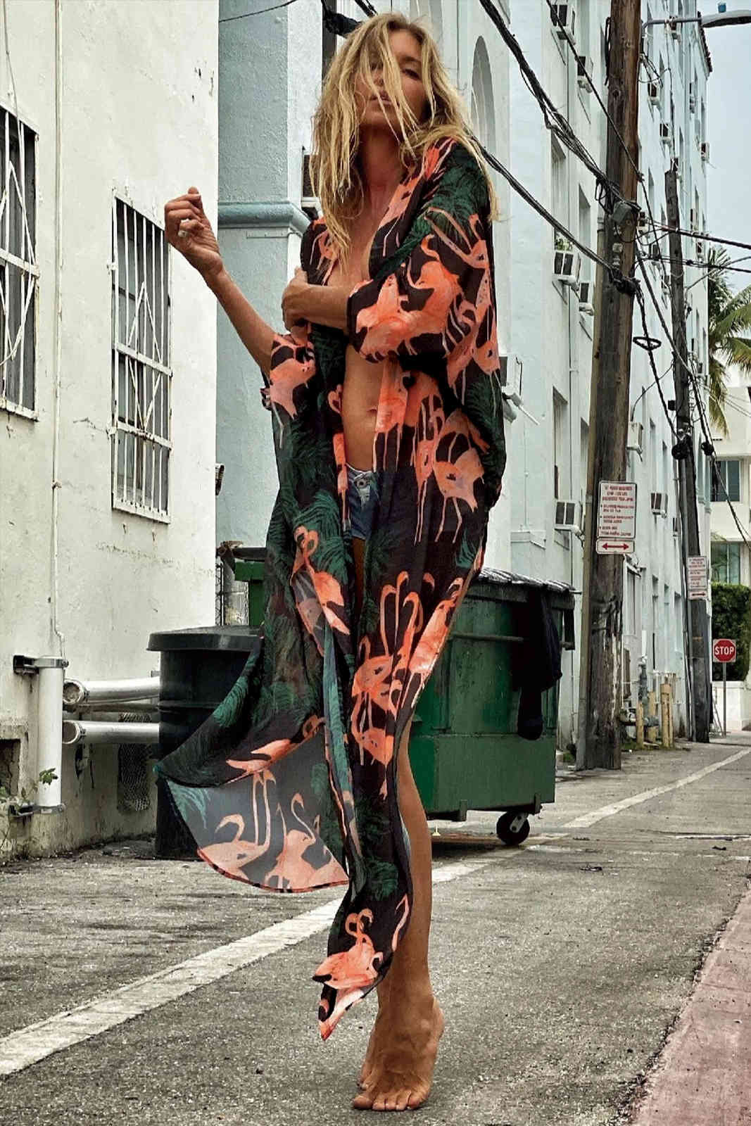 Green Flamingos Boho Printed Chiffon Bikini Cover-ups Plus Size Beach Wear Kimono Dress Women Summer Swimsuit Cover Up A789 210420