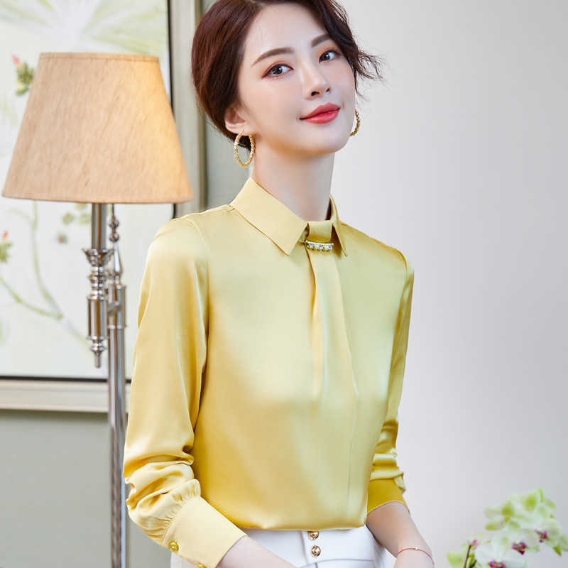 Pink Silk Shirt Women Autumn Temperament Fashion Chiffon Long Sleeve Blouses Office Ladies Formal Work Tops 210604
