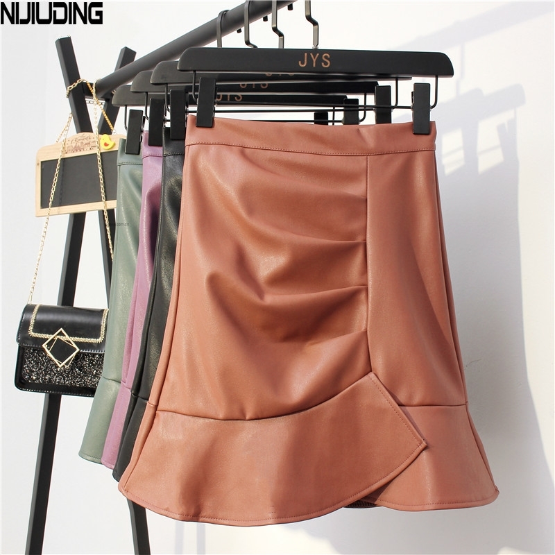 Elegant Solid Casual High Waist PU Fishtail Skirt Woman Autumn Slim Pleated Saias Faldas Feamle A-Line Mini 210514