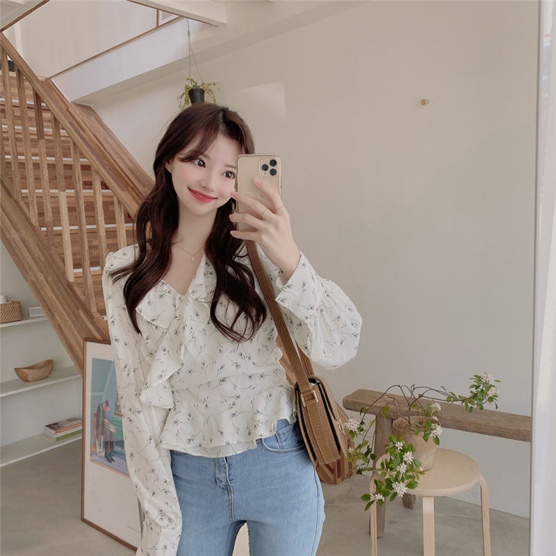 Ruffles Floral Blusas Spring Summer V Neck Vintage Chiffon Blouses Elegant Print Koreean Chic Tops 16139 210415
