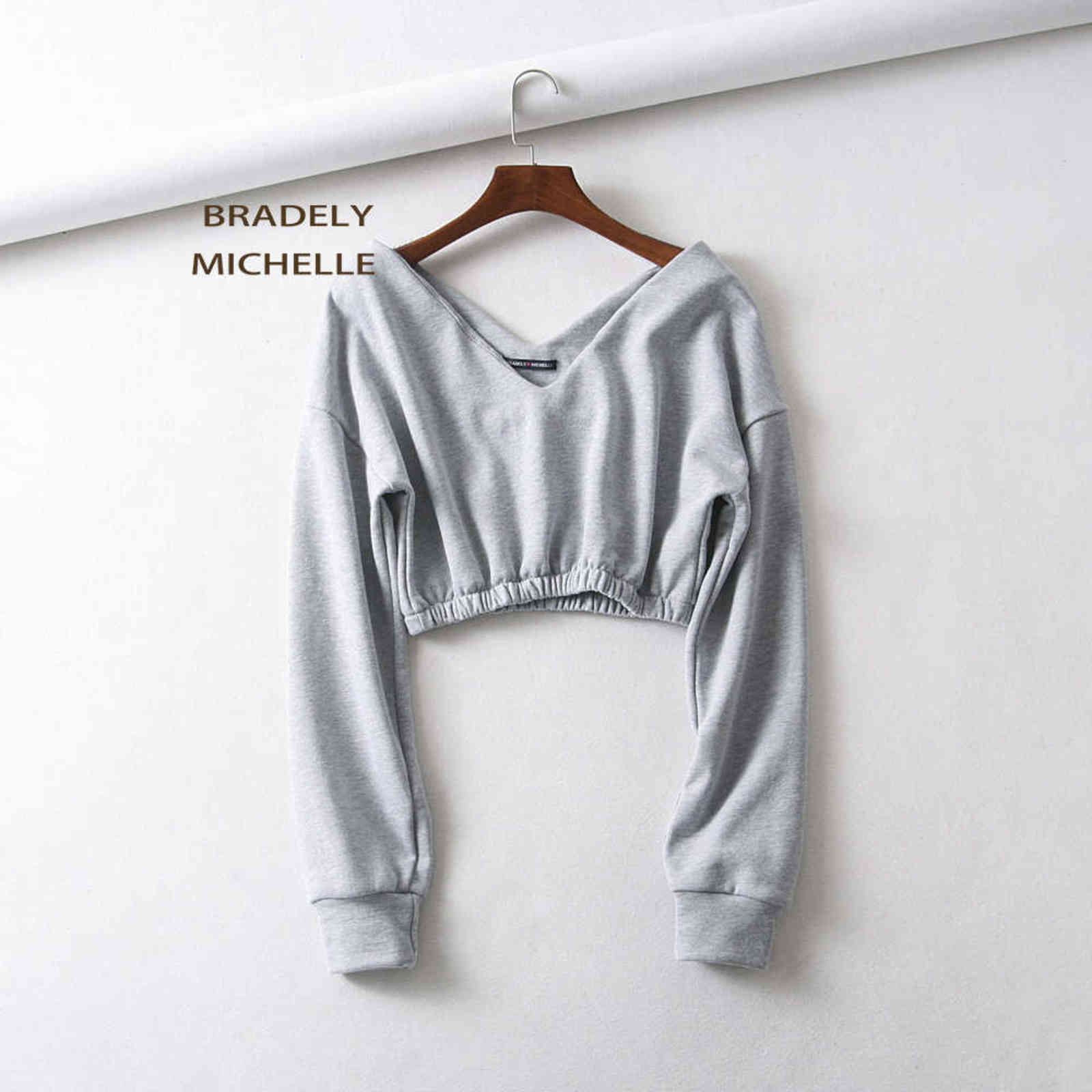 BRADELY MICHELLE Women Sexy Sweatshirt Streetwear Hoodies Hip Pop Crop Top Female Long Sleeve Deep V-neck Pullovers 211109