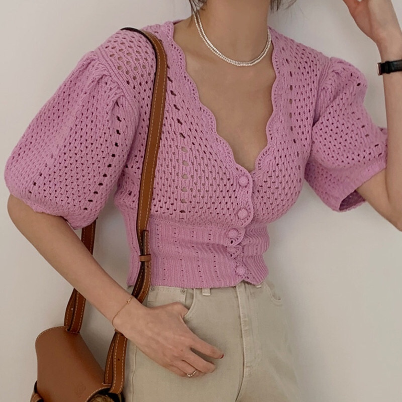 Lucyever Summer Casual Hollow Out Thin Cardigan Women V Neck Puff Sleeve Crop Tops Female Vintage Solid Knit Sweater Woman 210521wtt