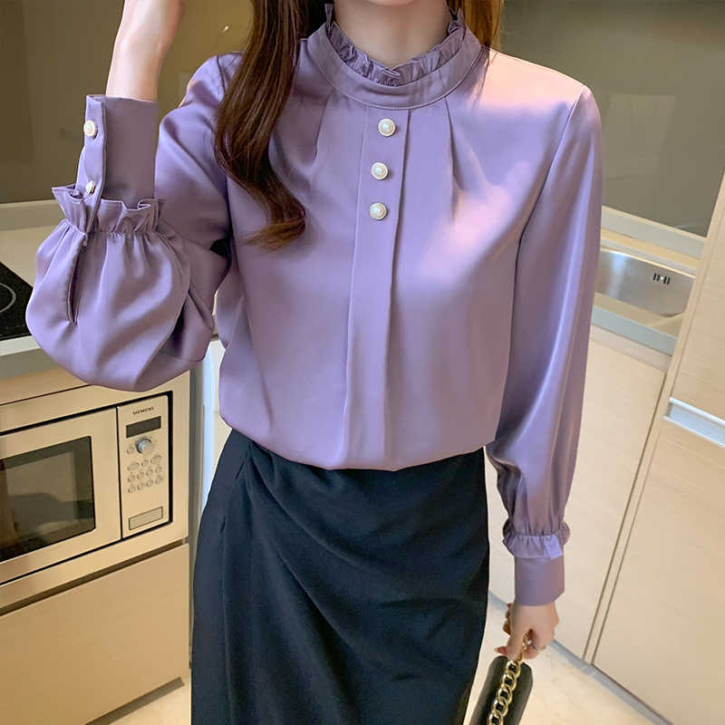 Korean Women Silk Blouses Shirts Woman Satin Tops Long Sleeve Beading Blouse Shirt Ladies 210604