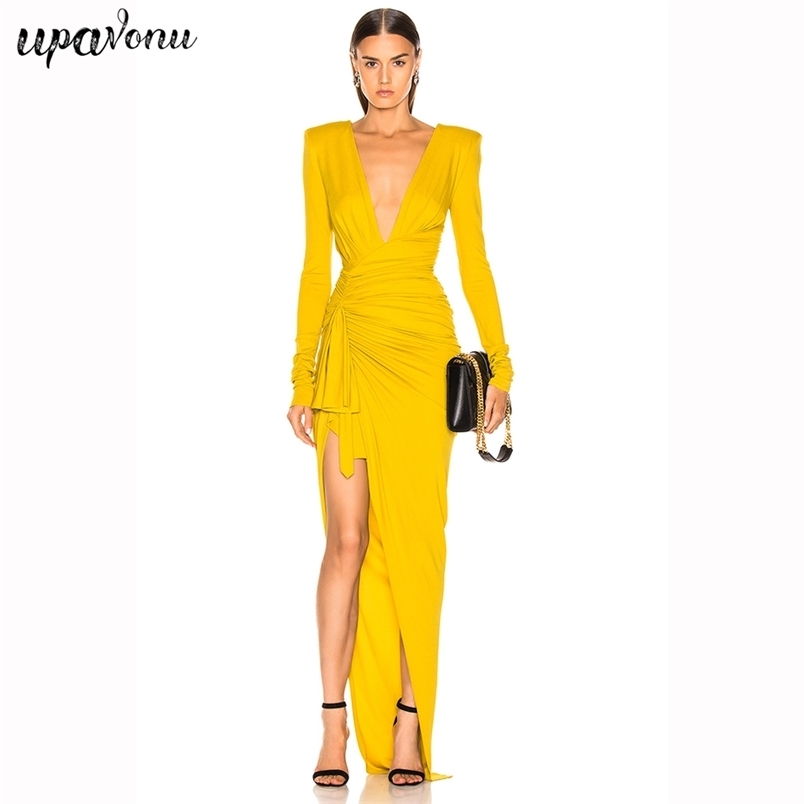 Free Women's Sexy Marx Dress Yellow V-neck Long Sleeve Bodycon Split Pleated Lace-Up Club Party Vestidos 210524