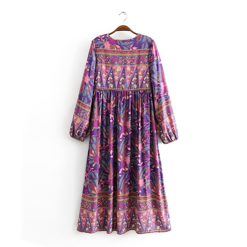 beauty Fashion Boho Floral Print Maxi Dress Women Beach Chic Long Sleeve Dresses Female Summer Loose Holiday Wear 210514