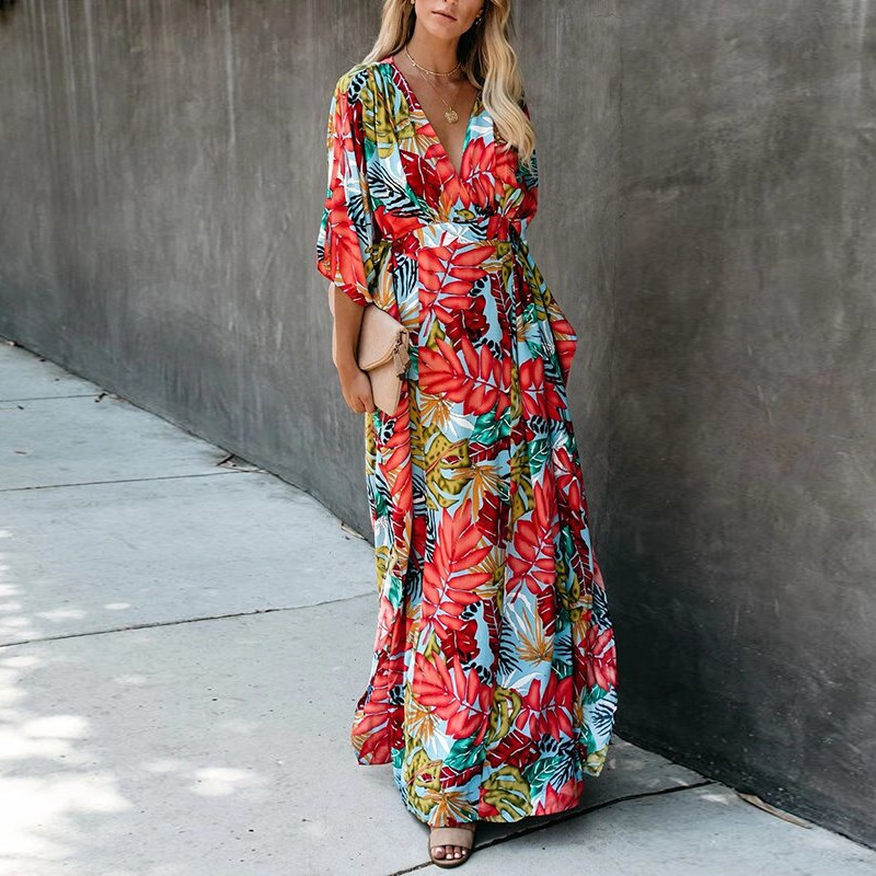 Women Dress V Neck Printed Bohemian Loose Casual Floral Maxi es Plus Size Long Summer es Fashion 210513
