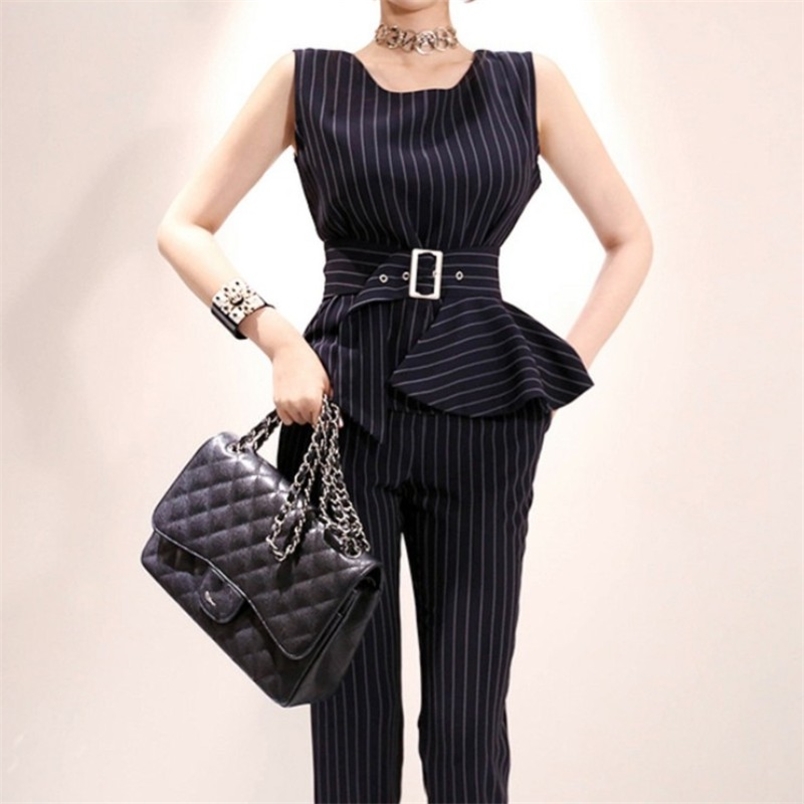 2 Piece Set Women Suit Summer Blue stripe elegant Belt Sleeveless O-Neck Blouse Tops and slim OL Pants 210519, Picture color
2 Piece Set Women Suit Summer Blue stripe elegant Belt Sleeveless O-Neck Blouse Tops and slim OL Pants 210519, Picture color