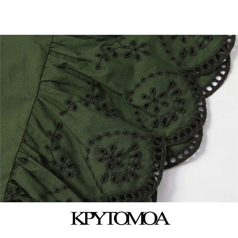 Women Sweet Fashion Cutwork Embroidery Pleated Blouses O Neck Short Ruffled Sleeve Female Shirts Chic Tops 210420