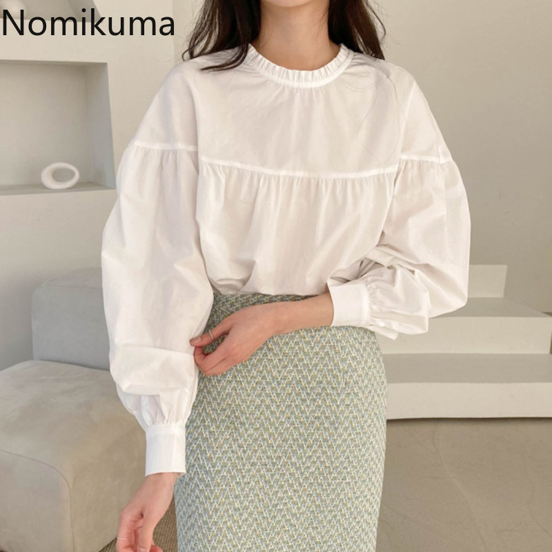 Nomikuma Korean Chic Sweet Doll Shirts Causal Single Breasted Pleated O-neck Women Blouses Spring New Blusas Mujer 6G105 210427