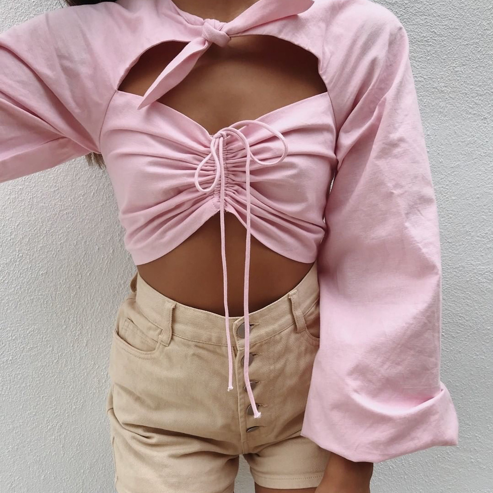 vintage lantern sleeve ruched blouse tops women autumn winter bowknot front cut pink crop chic blusa mujer 210427