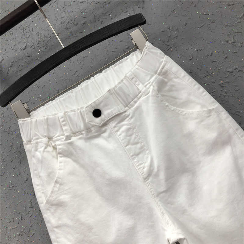 Spring Summer Women Anklelength Pants Plus Size Solid Cotton Denim Loose Harem White Black Elastic Waist Jeans M3XL D68 210922